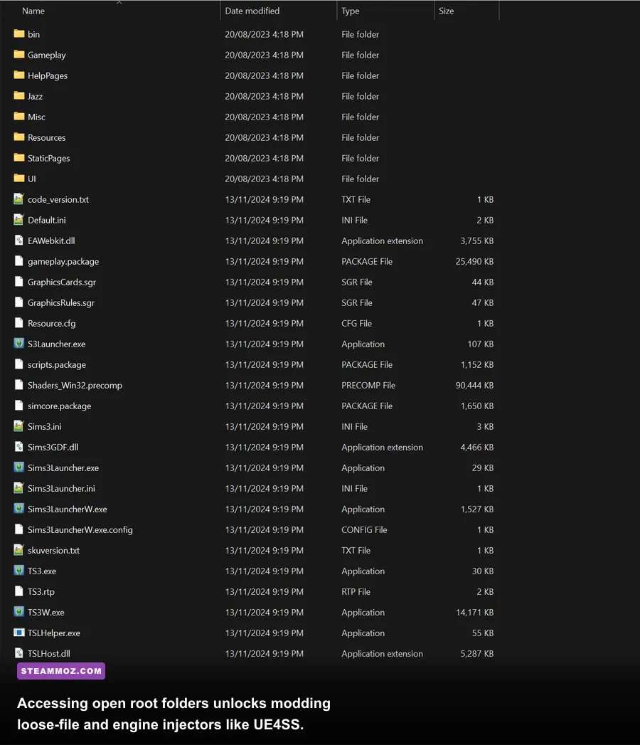 Windows file explorer displaying custom PC Game Pass game mod files and folders