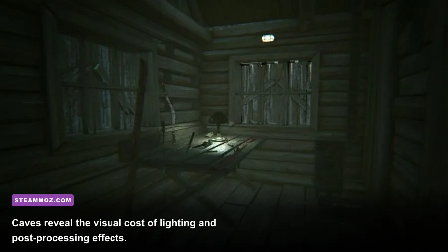 Kholat cave interior with torch lighting and atmospheric effects