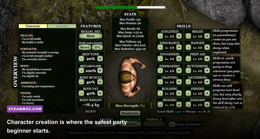 Darklands character creation screen showing attributes, skills, and career choices