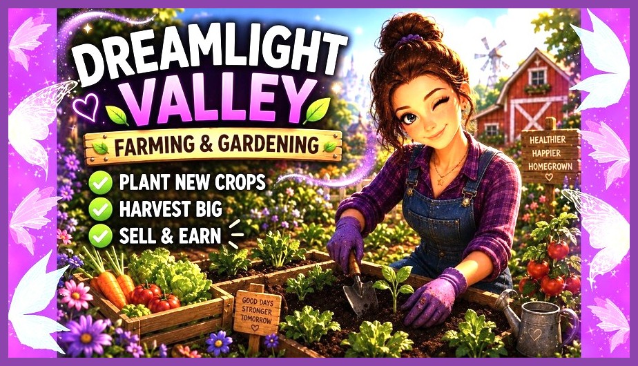 Player harvesting crops in a massive organized garden bed in Disney Dreamlight Valley