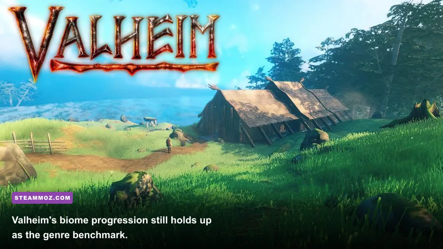 Valheim player sailing a longship through stormy seas