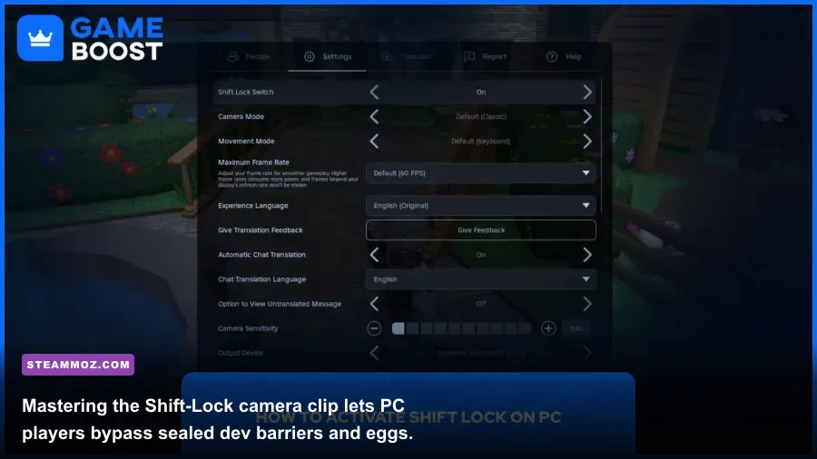 Demonstration of the Shift-Lock camera clip technique on Roblox PC