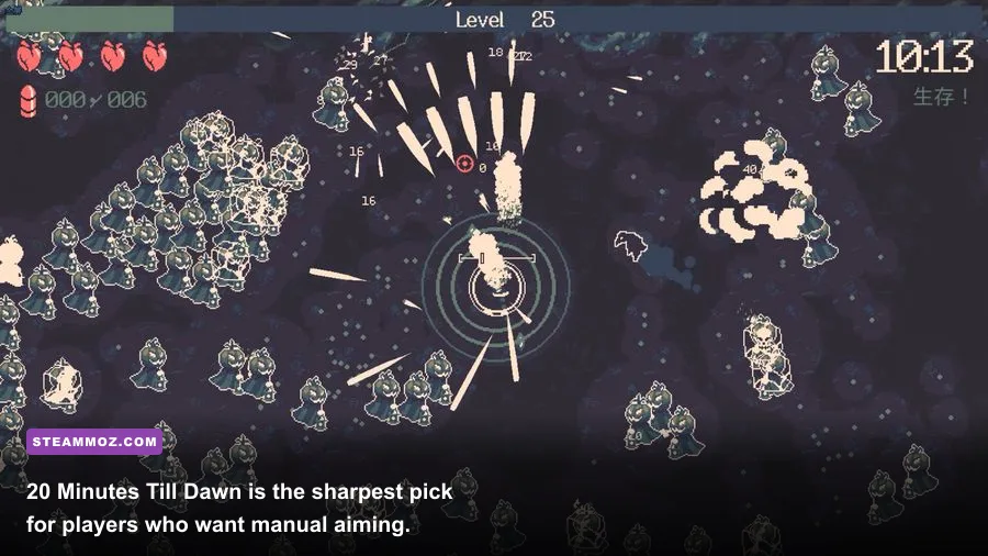 20 Minutes Till Dawn gameplay with a character firing into a large enemy swarm