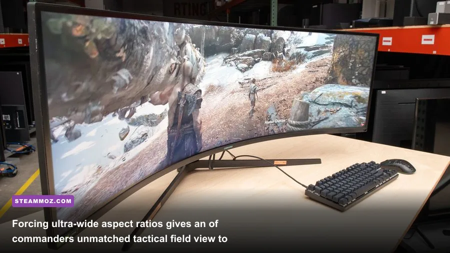 Sprawling open-field battlefield view rendered on an ultrawide gaming display