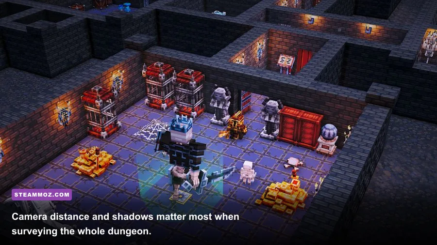 Overhead Dungeon Tycoon camera view showing corridors, rooms, lighting, and dungeon details