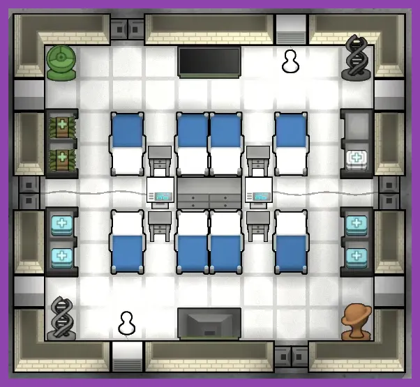 RimWorld medical room with advanced vitals monitor and hospital bed