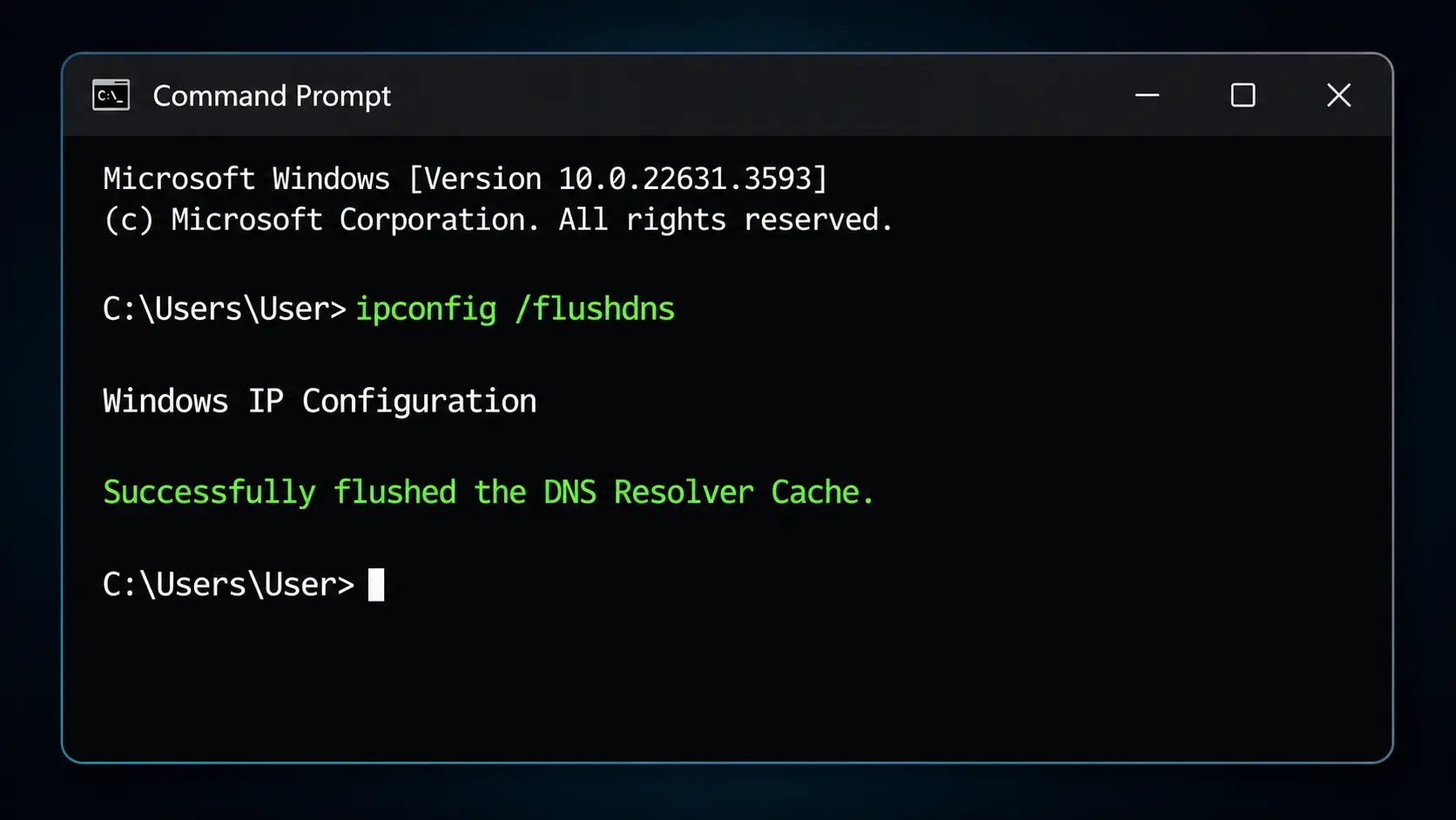 Windows コマンドプロンプトで ipconfig flushdns を実行し正常にフラッシュされた画面