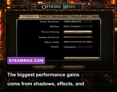 Dungeon Siege II graphics settings menu showing resolution and visual options