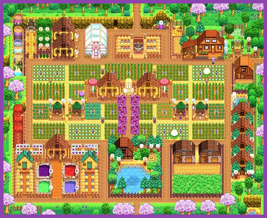 Stardew Valley farm showing parsnip crops and a coop
