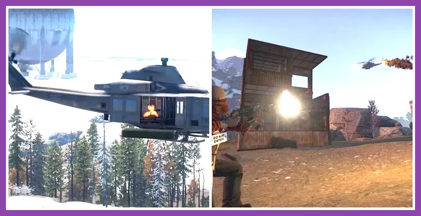Patrol Helicopter raiding a player base in Rust