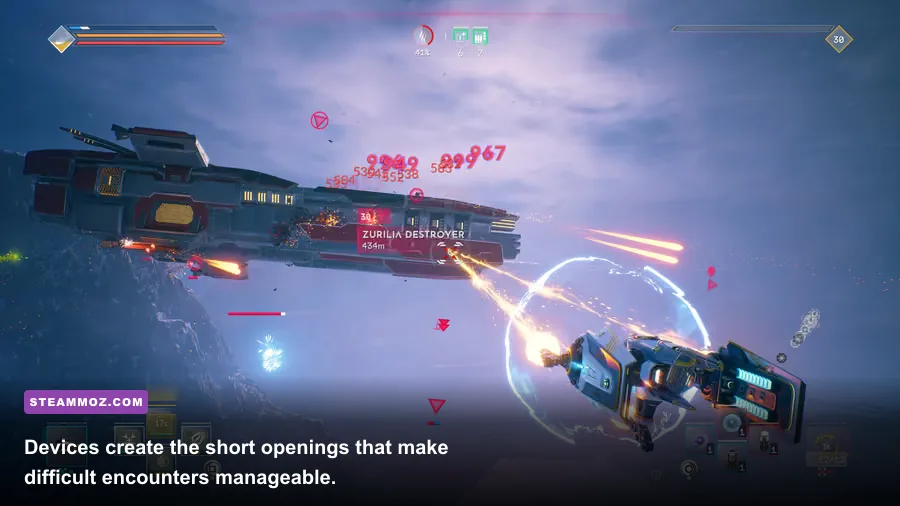 EVERSPACE 2 ship deploying EMP Generator and missiles against enemy fighters