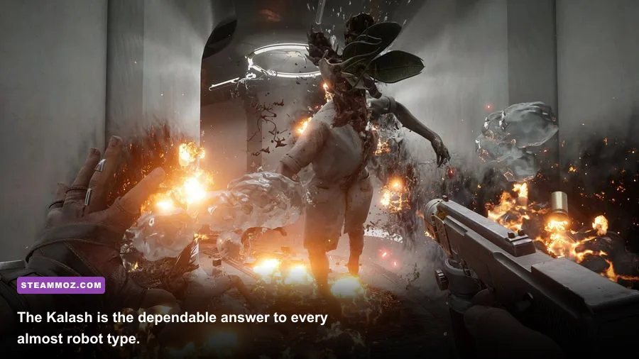 Kalash assault rifle fighting robots in Atomic Heart