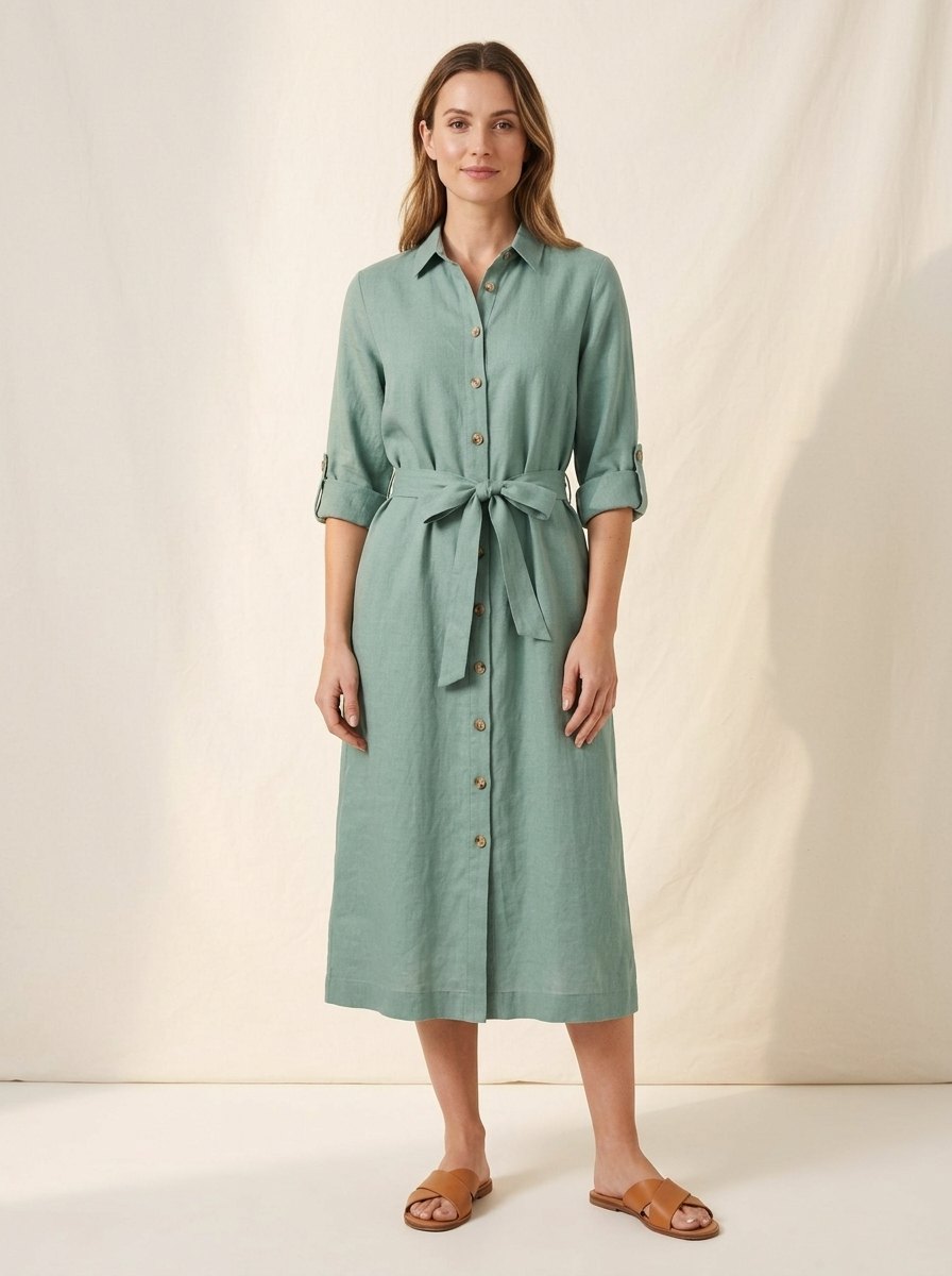 Model shot of the sea-glass linen shirt dress