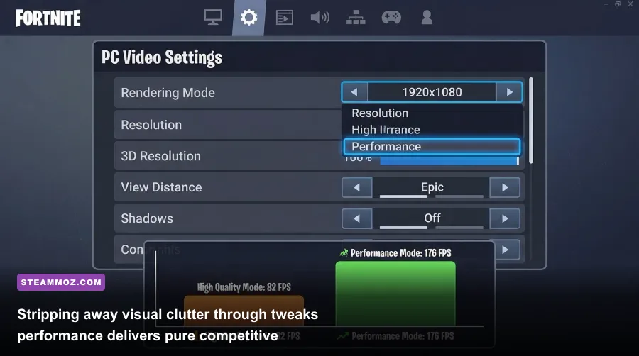 Fortnite running on competitive Performance Mode settings with clean visuals and low latency