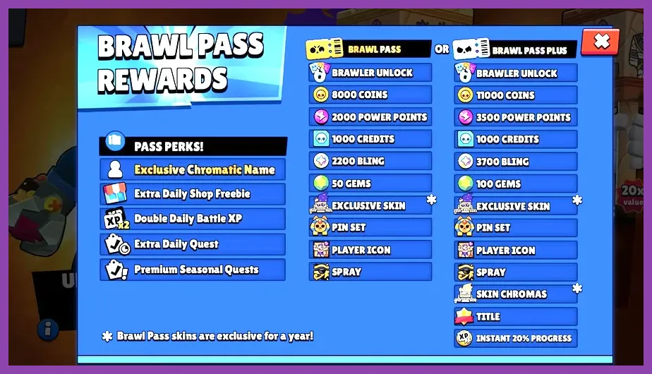 Brawl Stars Brawl Pass progression track with gem rewards