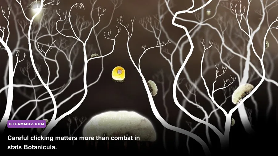 Botanicula puzzle room with interactive objects and hostile spider creatures
