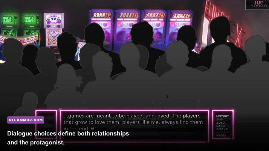 Arcade Spirits dialogue choice screen with colorful arcade characters