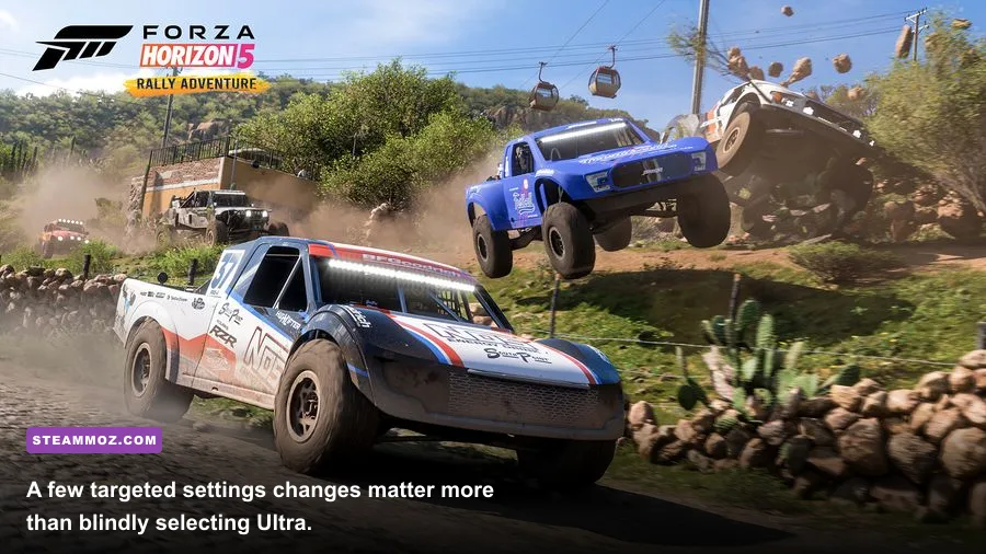Forza Horizon 5 PC graphics settings and performance benchmark display