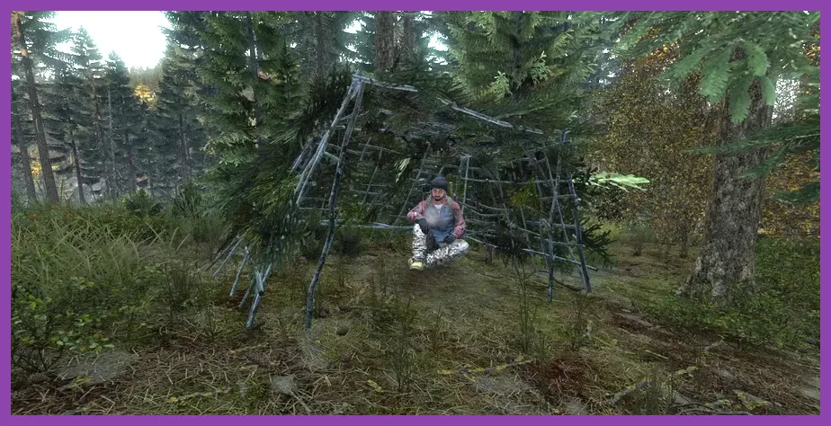 A hidden DayZ solo stash concealed in a forest near a small shelter