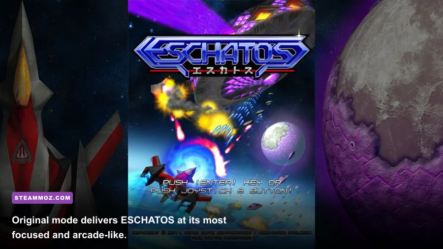 ESCHATOS Original mode gameplay screenshot with the player ship surrounded by enemies