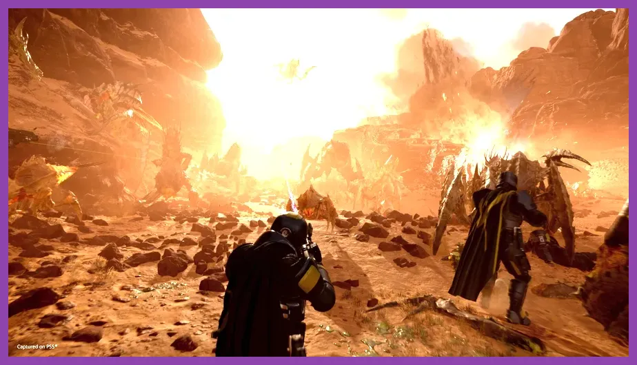 Helldivers 2 gameplay showing squad fighting aliens