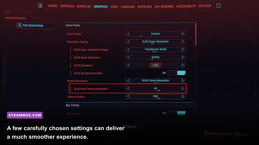 PC game graphics settings showing DLSS ray tracing and frame generation options