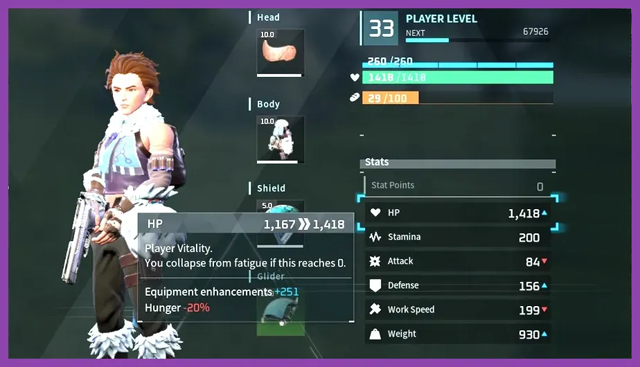 Palworld character stats menu displaying Weight, Stamina, and Health upgrades