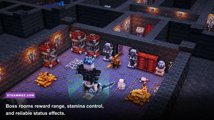 Dungeon Tycoon player fighting a dungeon boss with optimized equipment