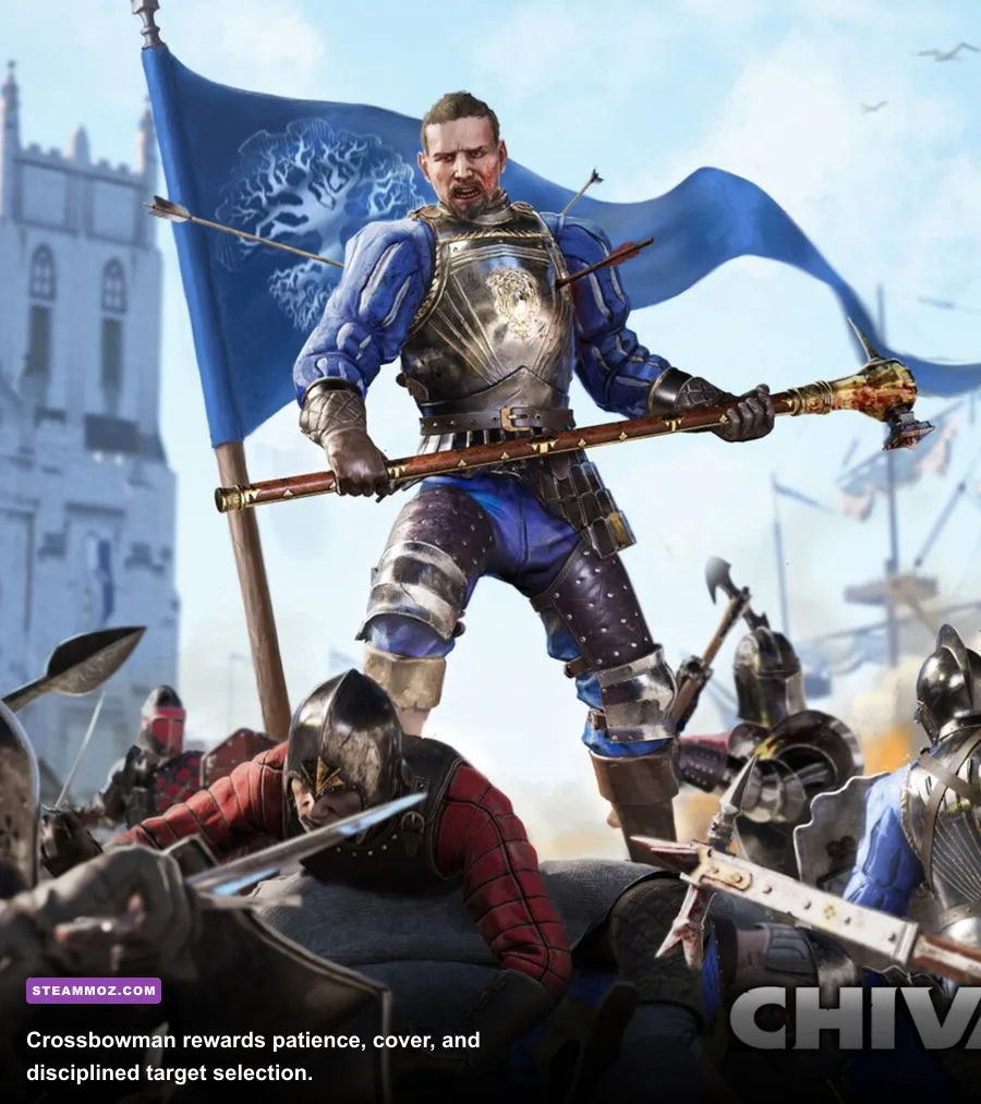 A Chivalry 2 Crossbowman firing from a castle wall