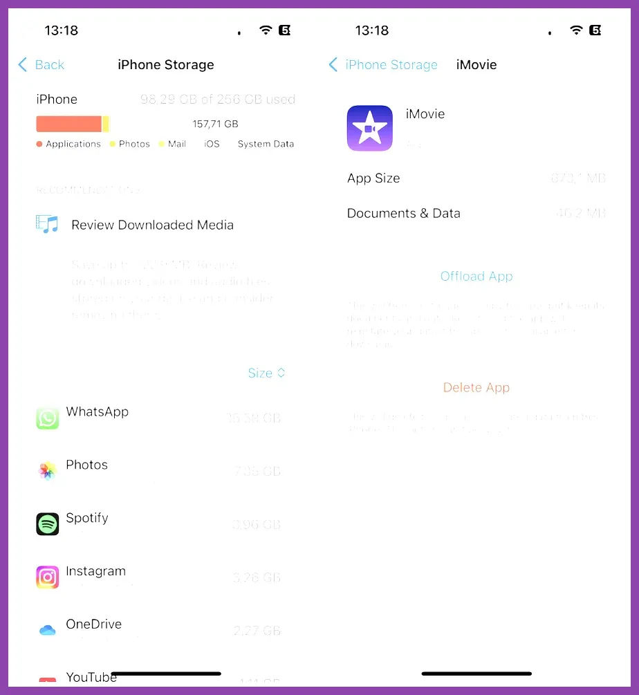 iPhone Storage settings showing the Offload App option