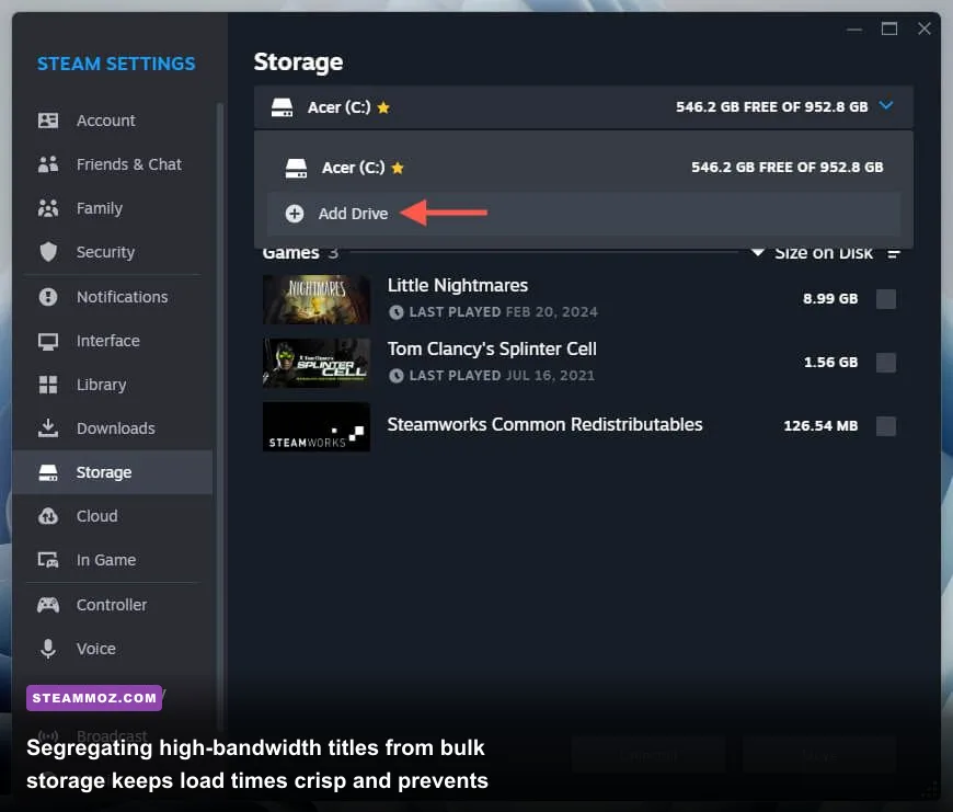 Steam storage manager settings screen showing SSD drive allocation