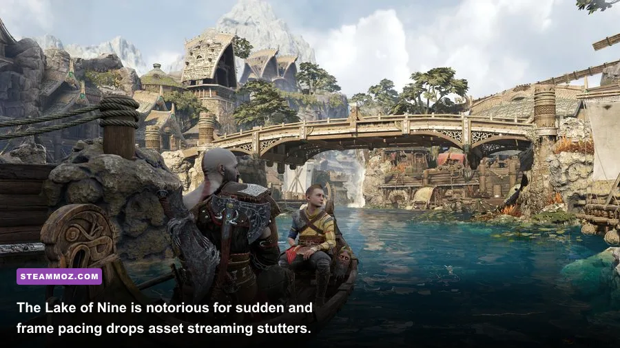 Kratos and Atreus rowing across the Lake of Nine in Midgard
