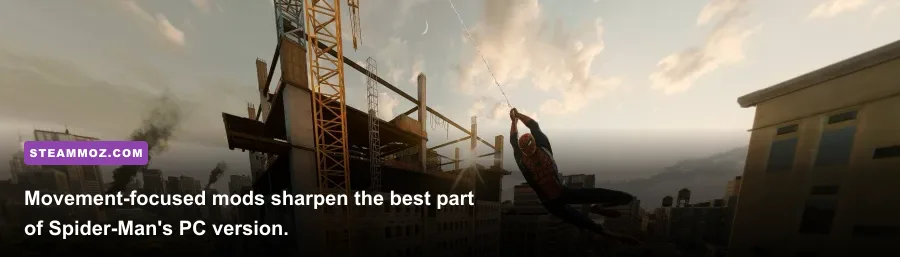Spider-Man performs a fast web swing through Manhattan at sunset on PC