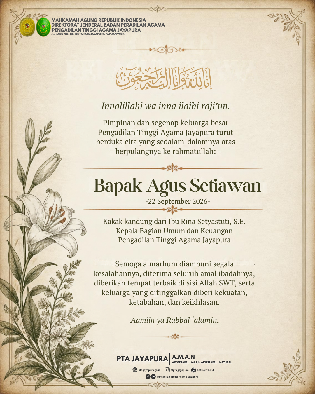 Ucapan belasungkawa Bapak Agus Setiawan