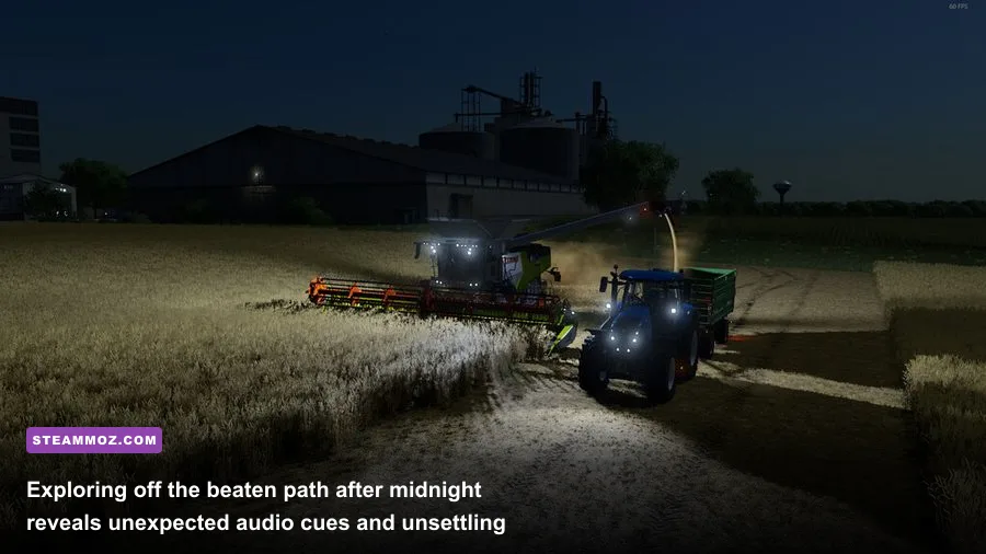 Tractor headlights piercing the dark woods at midnight in Farming Simulator 22