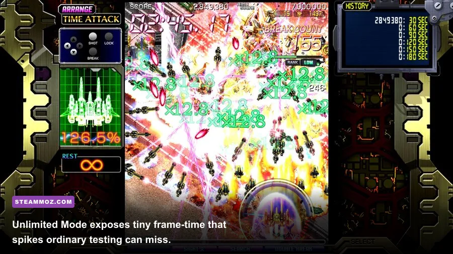 Crimzon Clover World EXplosion Unlimited Mode displaying an intense bullet pattern