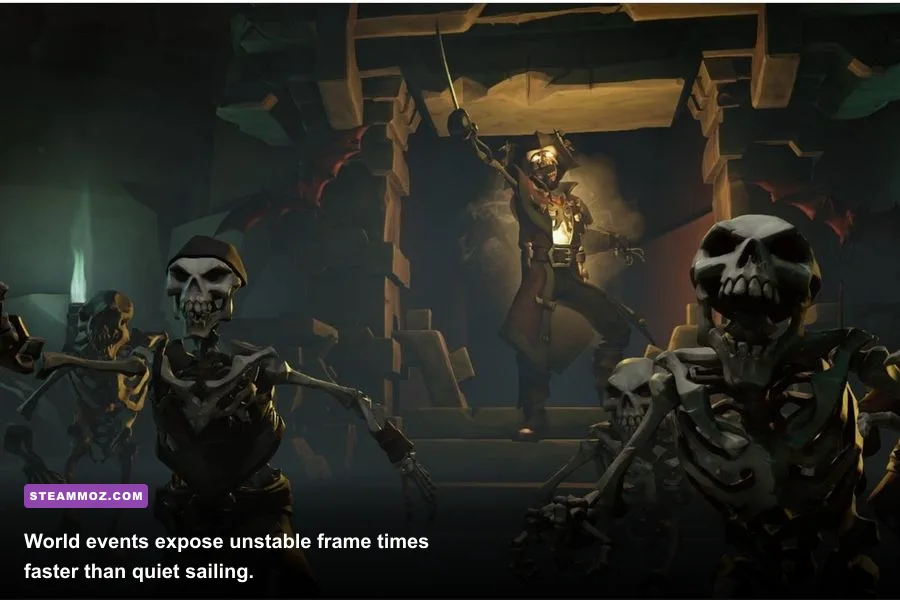 Sea of Thieves crew fighting skeletons at Fort of the Damned