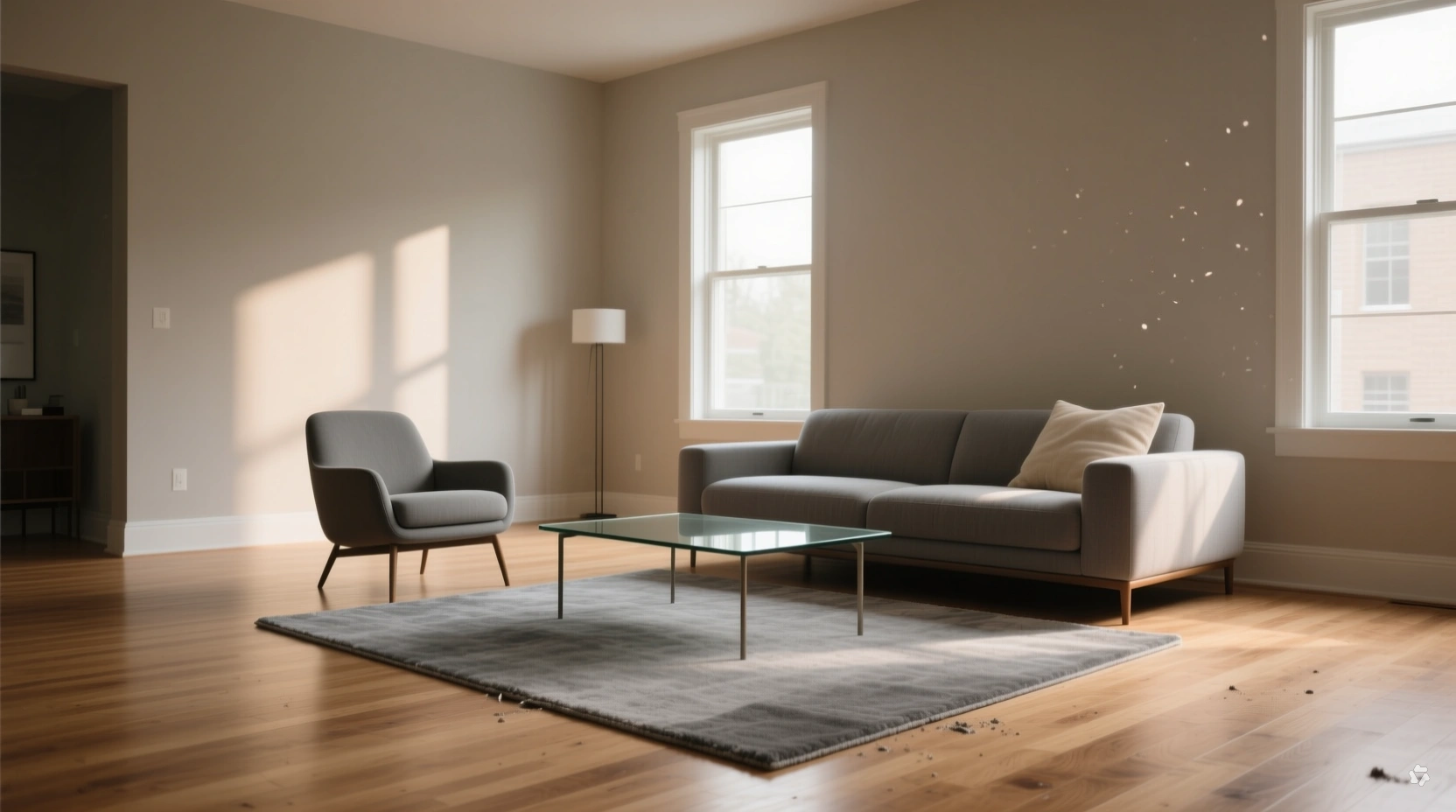living room with an undersized rug leaving sofa legs off the floor covering