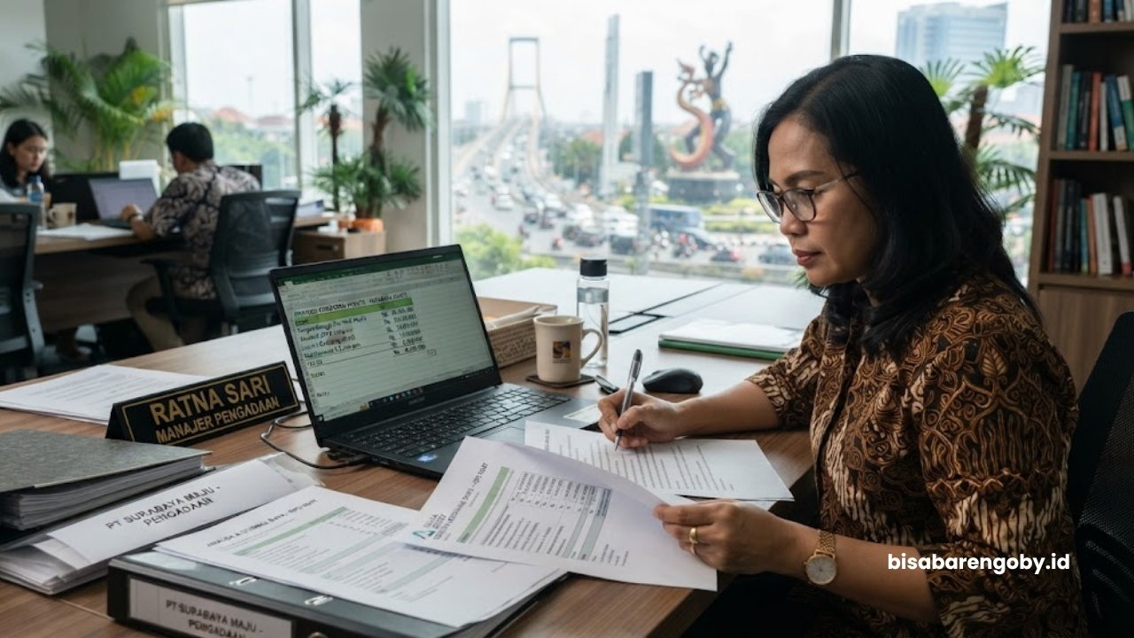 Manajer pengadaan memproyeksikan anggaran saat memutuskan beli website company profile untuk perusahaan di Surabaya berbasis Nuxt