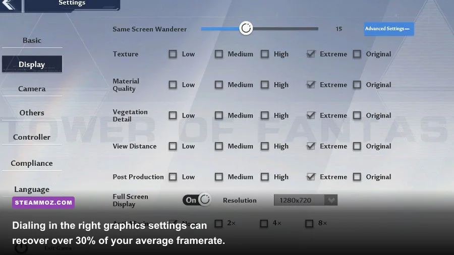 Tower of Fantasy in-game graphics settings menu on PC