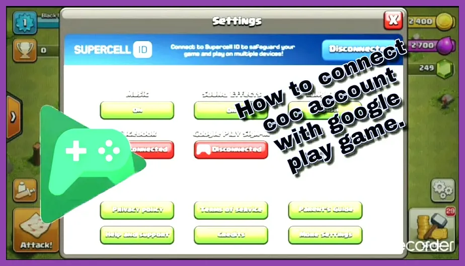 Clash of Clans account settings screen showing Google Play and Game Center linking options