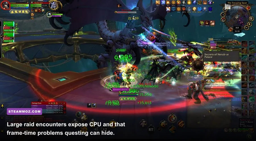 World of Warcraft raid boss encounter with spell effects on screen