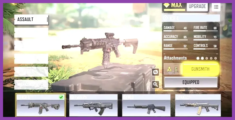 Weapon customizer Gunsmith interface in Call of Duty Mobile