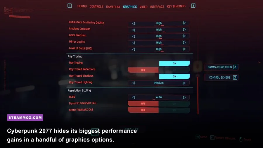 Cyberpunk 2077 PC graphics settings menu showing DLSS and ray tracing options