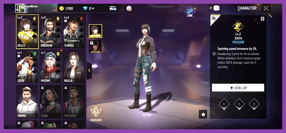 Garena Free Fire character skills menu
