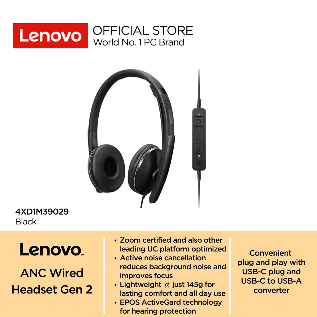 Lenovo Wired ANC Headset G2 4XD1M39029 Black Noise Cancellation USB-C to USB-A Headphones Garansi Resmi