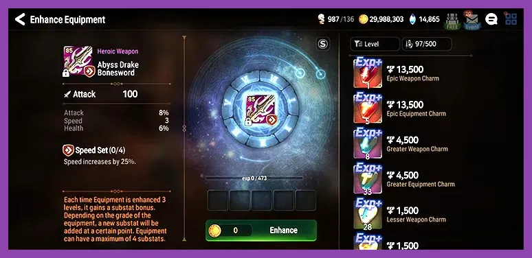 Epic Seven character stat optimization screen with gear sets