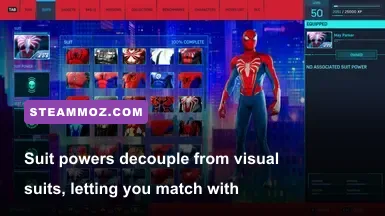 The suit selection and suit modification menu interface in Spider-Man Remastered