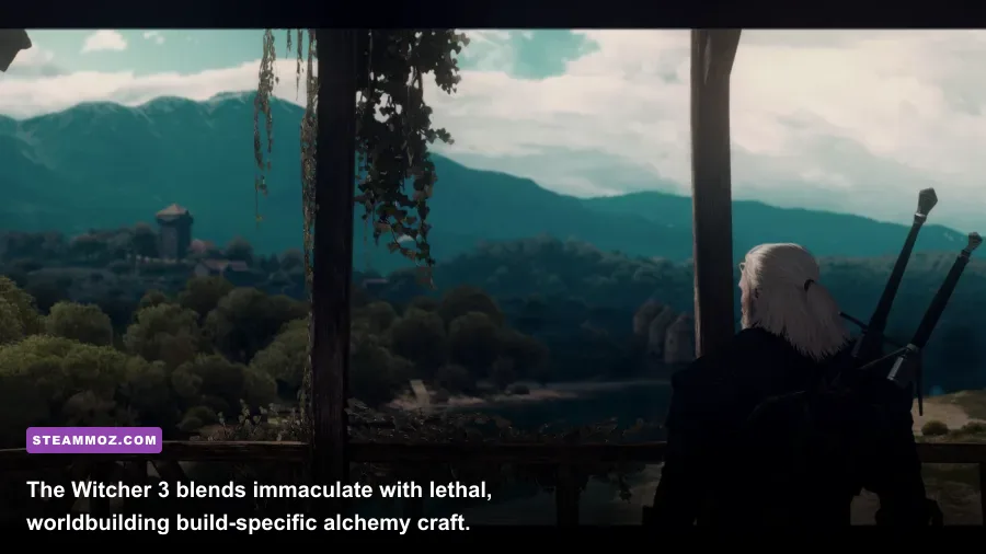 Geralt slicing through enemies with the Whirl skill against vibrant Toussaint scenery