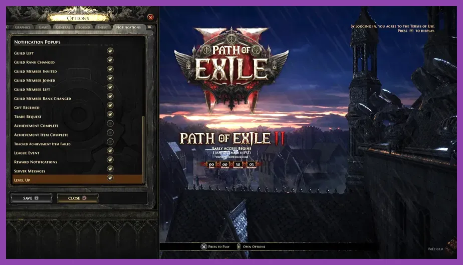 Path of Exile 2 main menu with game logo and options